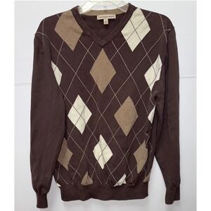 Chatham Road Men VNeck Argyle Sweater L Brown Long Sleeve Cotton Preppy Academia